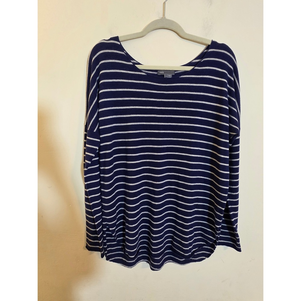 Vince Wool Cashmere Striped Sweater Navy Blue White Large VX02674651**Read**